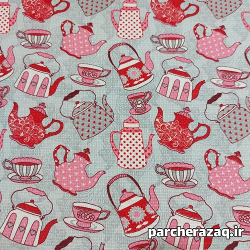 پارچه دستمال آشپزخانه اعلا (پنبه پنبه) طرح کتری و قوری طوسی