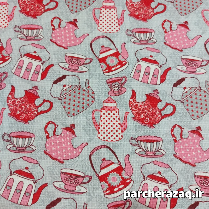 پارچه دستمال آشپزخانه اعلا (پنبه پنبه) طرح کتری و قوری طوسی