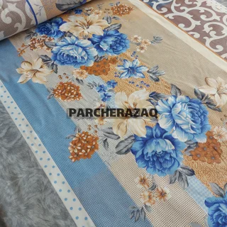 پارچه ملحفه ای دو رو گل ترنج آبی عرض دو متر